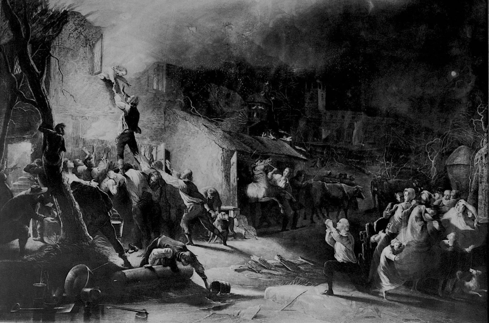 John Wesley rescued from fire, black and white picture