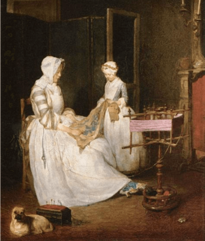18th century domestic scene of a woman and child sewing a quilt and a little dog sat by their feet. 